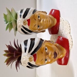Pair of Vintage Lady Head Vases Planters with Turbans